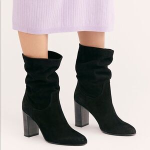 New Free People Black Suede Leather Almond Toe Stack Block Heel Dakota Boot